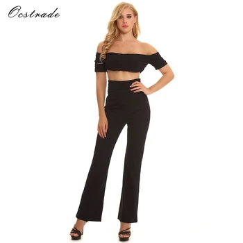 

Ocstrade 2 Piece Set Women Sexy Pant and Top New Arrival 2017 Black Off Shoulder Twist Crop Top and Gathered Waist Trousers