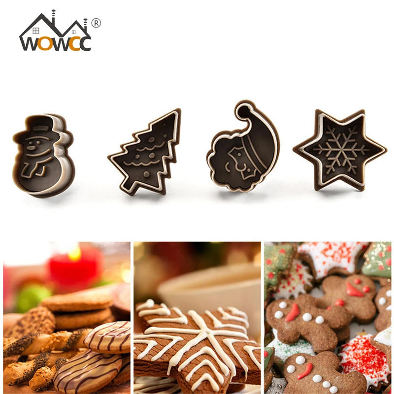 

DIY 4pcs Christmas Tree Snowman Plastic Baking Mold Kitchen Biscuit Cookie Cutter Pastry Plunger Fondant Cake Decorating Tools