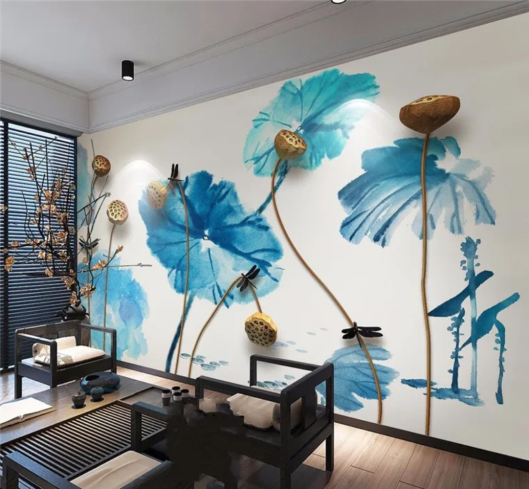 

Custom Photo Wallpaper Mural Wall Sticker Ink Zen Stereo Golden Lotus Mural Background Wall Decorative Painting