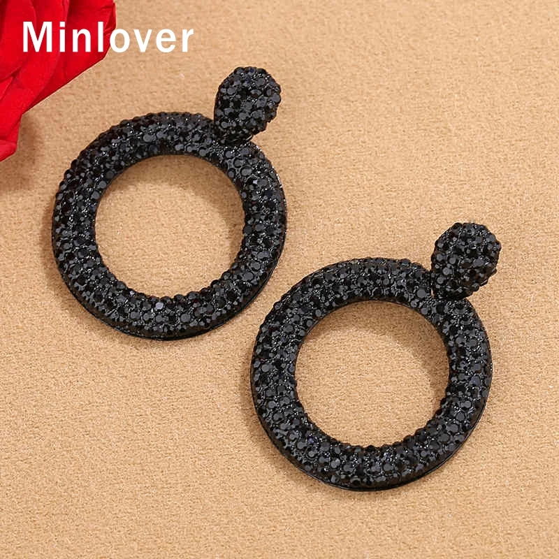 Minlover Черный Кристалл себе большой круг круглые Висячие серьги для Для женщин минималистский свисающие серьги со стразами Jewelry MEH1455