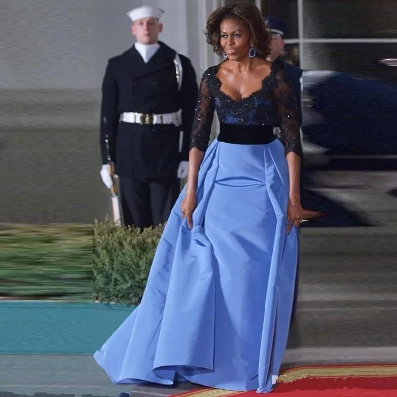 2016-michelle-obama-y-formal-evening-dresses-black-lace-sequined