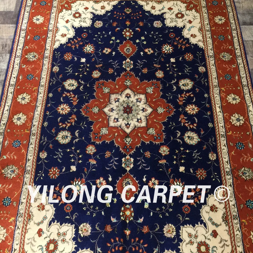 Yilong 4'x6' Прочный ручной работы персидкий шелковый ковер для гостиной украшение турецкий синий ковёр из шелка и шерсти(WY2126S4x6