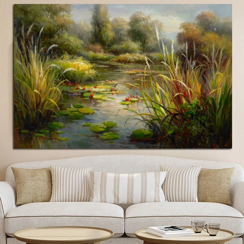 

Poster and Prints Abstract Lotus Pond Pastoral Landscape Oil Painting on Canvas Modern Sofa Art Wall Picture for Living Room