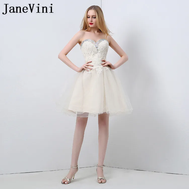 

JaneVini Light Champagne Short Women Wedding Party Dress Crystal Beaded Lace Bridesmaid Dresses Knee Length Tulle Prom Gown 2018