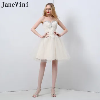 

JaneVini Light Champagne Short Women Wedding Party Dress Crystal Beaded Lace Bridesmaid Dresses Knee Length Tulle Prom Gown 2018