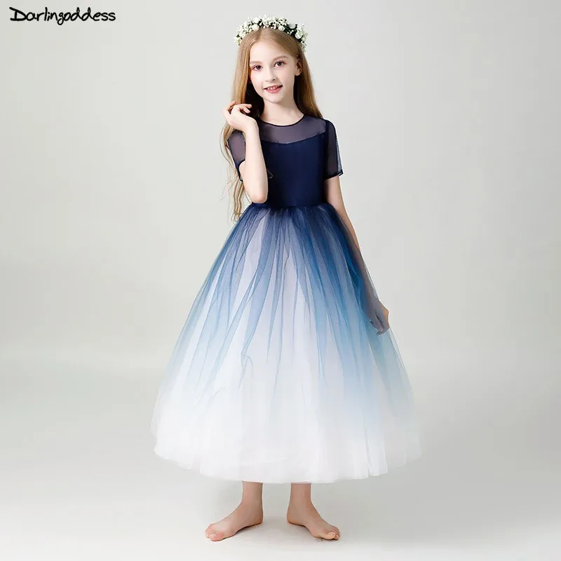Элегантное ниже колена платье принцессы с цветочным узором для девочек на свадьбу темно-синие тюлевые Свадебные платья для девочек платья