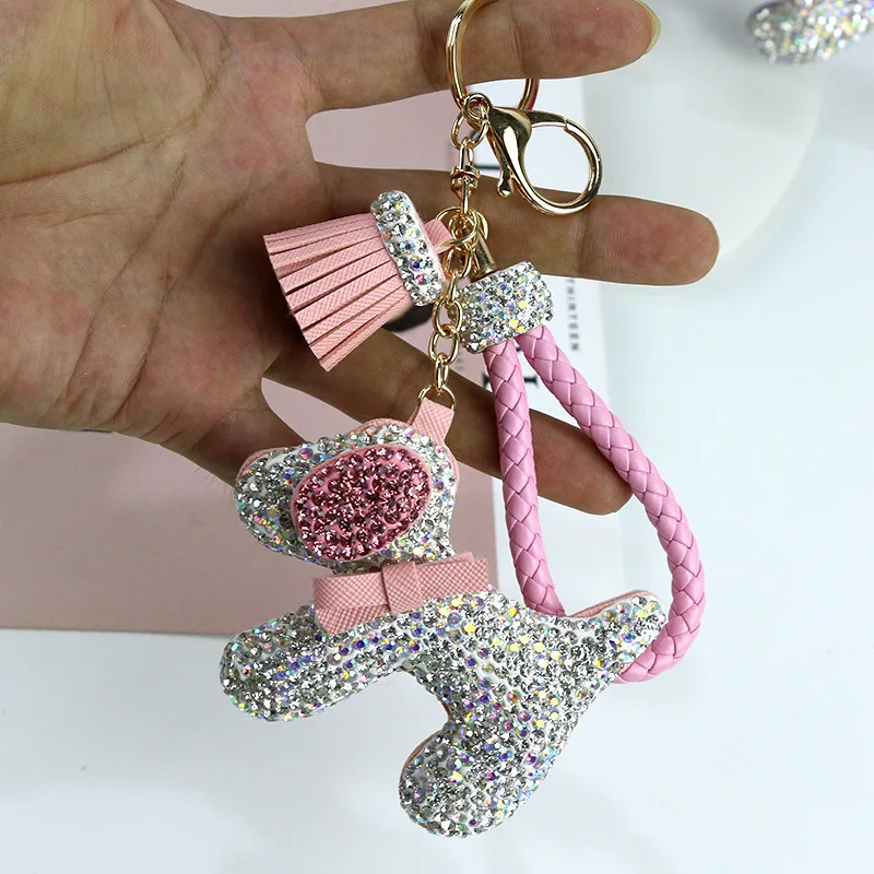 

Luxury Rhinestone Dogs Keychains Cartoon Animals Dog Dolls Bag Key Rings Holder Purse Car Key Chains Gift for Women's Christmas