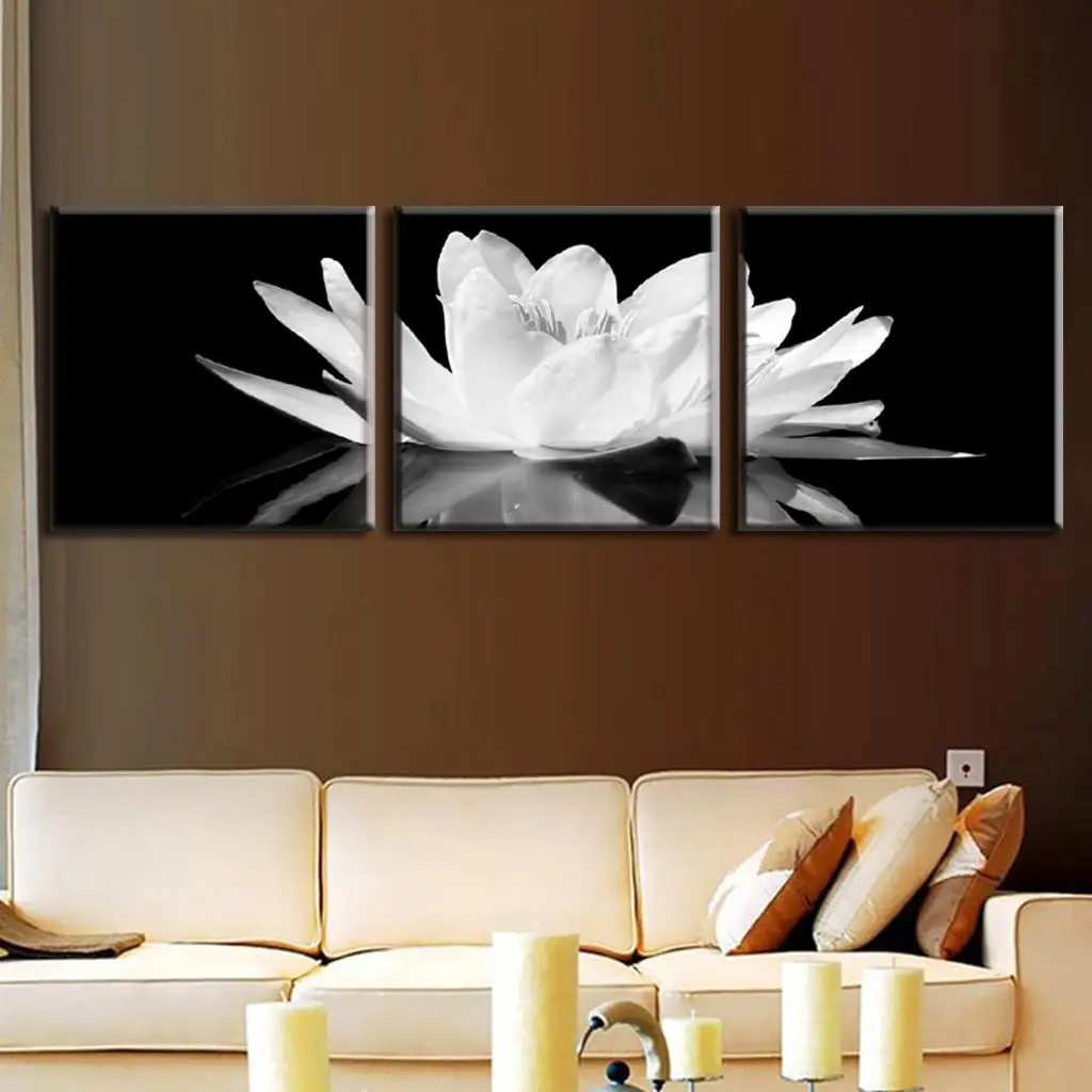 3 Pcs/Set Canvas Print Flower White Lotus In Black Wall Art Picture