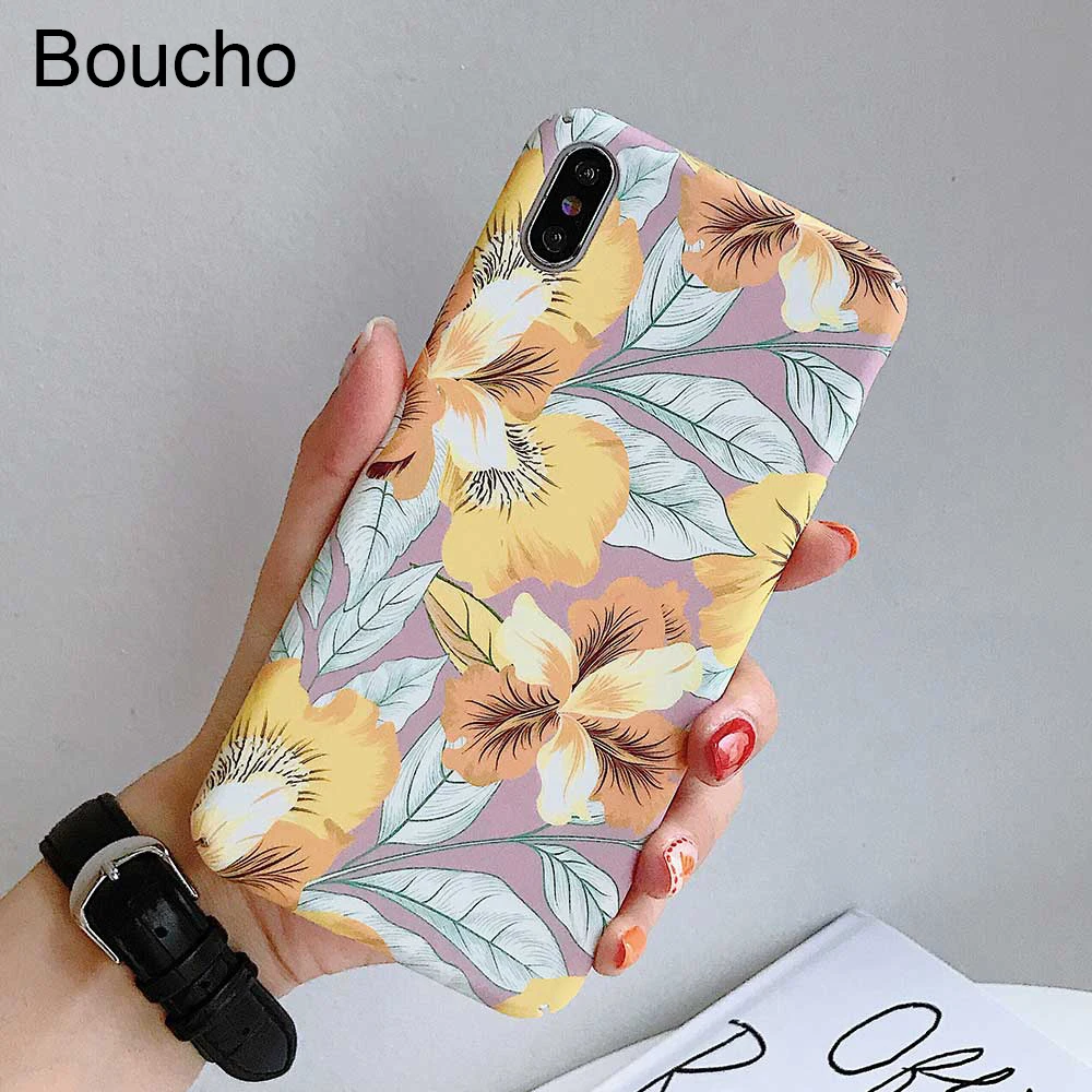 

Boucho Yellow flower Floral Phone Case For iphone 8 7 6 6s Plus Capa Cases Fashion hard plastic Cover For iphone XS MAX XR X