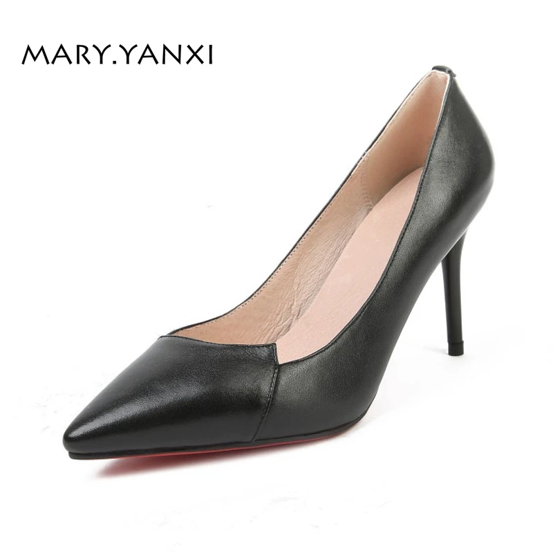 

Spring/Autumn Women Shoes Genuine Leather Pumps Fashion Dress High Thin Heels Pointed Toe Slip-on Shallow Big Size Stilettos