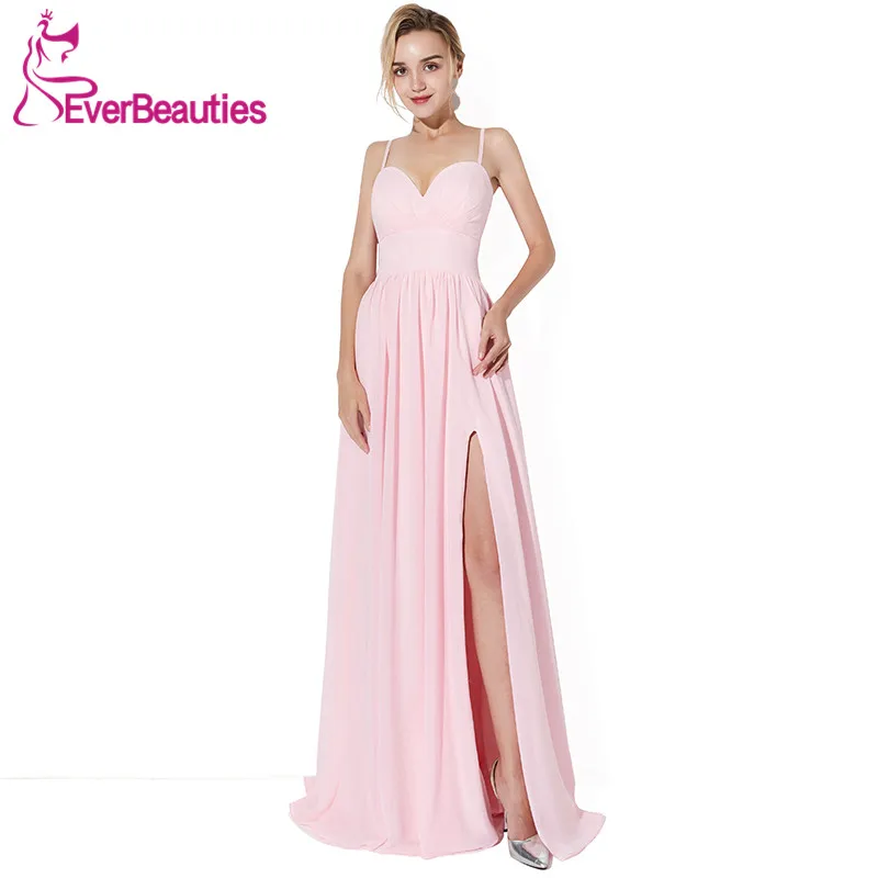 

Pink Evening Dress 2019 Chiffon with Pleat Side Slit Evening Gowns A Line Elegant Long Prom Party Dresses Robe De Soiree