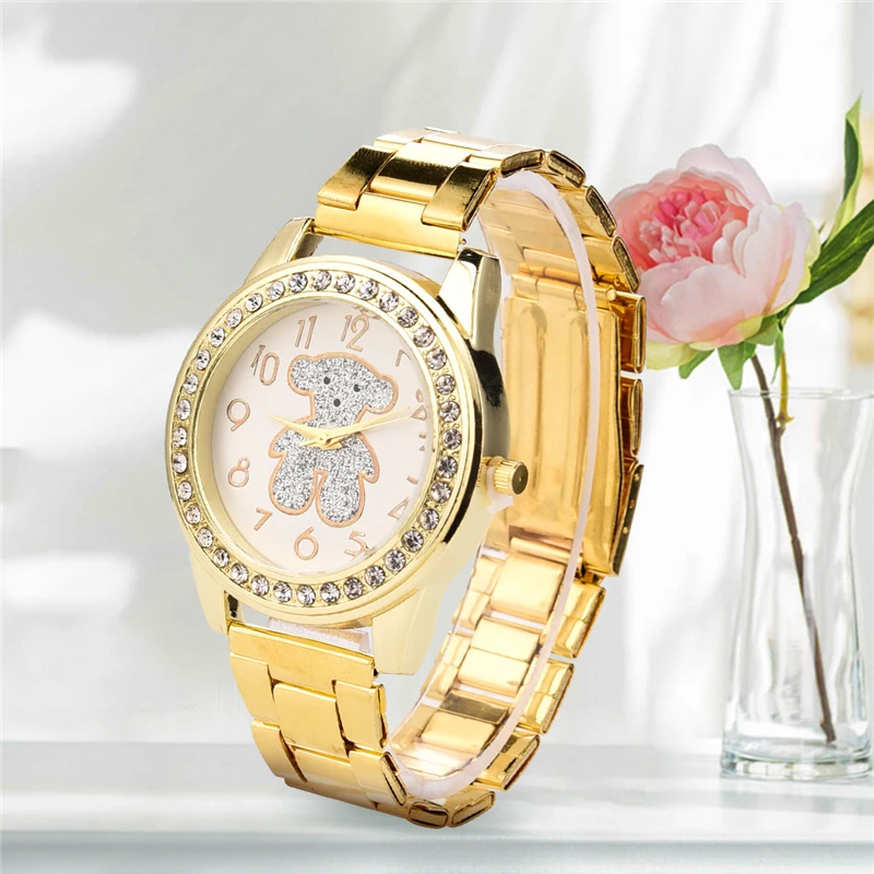 

New Luxury Crystal Gold Bear Casual Dress Quartz Watch Women Relogios Feminino Ladies Wrist Watch Hot Sale Lady Digital Watch 21