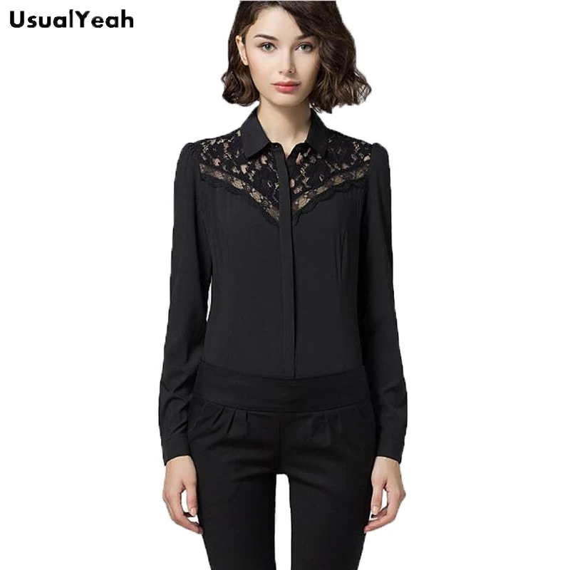 

Рубашка женская черная, с длинным рукавом и отложным воротником, SY0329, S-XXL