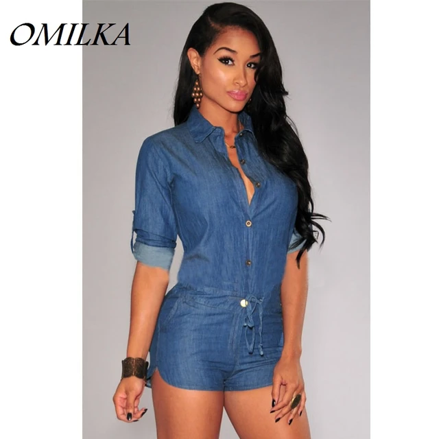 OMILKA Denim Romper Shorts 2017 Summer V Neck Rompers Womens Jumpsuit