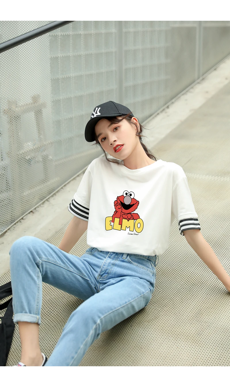 New Cotton Harajuku Kawaii T Shirt Lovely Funny Sesame Street Elmo Cartoon Print Strpied Spliced Tops Tee Shirt Femme Streetwear (10)