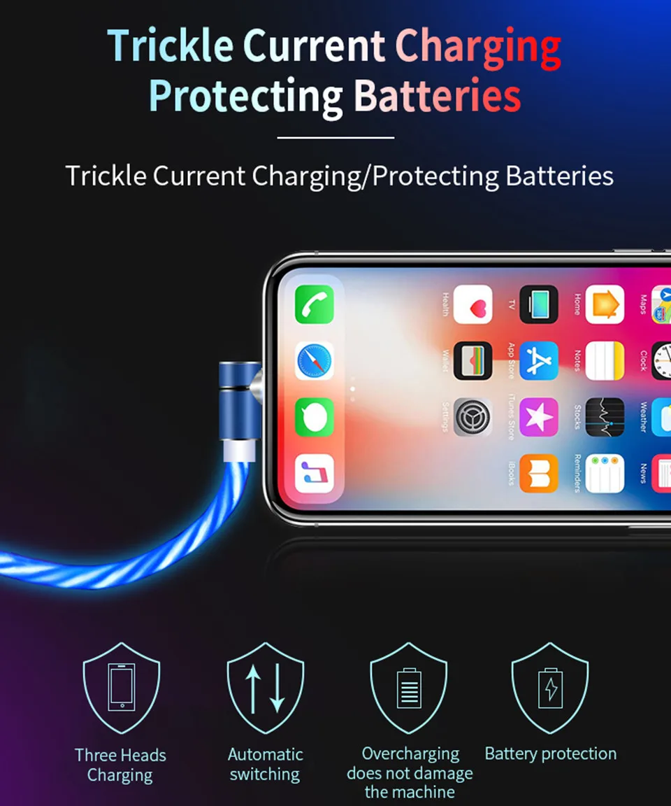 Магнитный светодиодный кабель для iPhone X 6 6s 7 8 Plus XS Max USB Micro type-C быстрое зарядное устройство для Samsung S9 Xiaomi LG зарядное устройство для Android