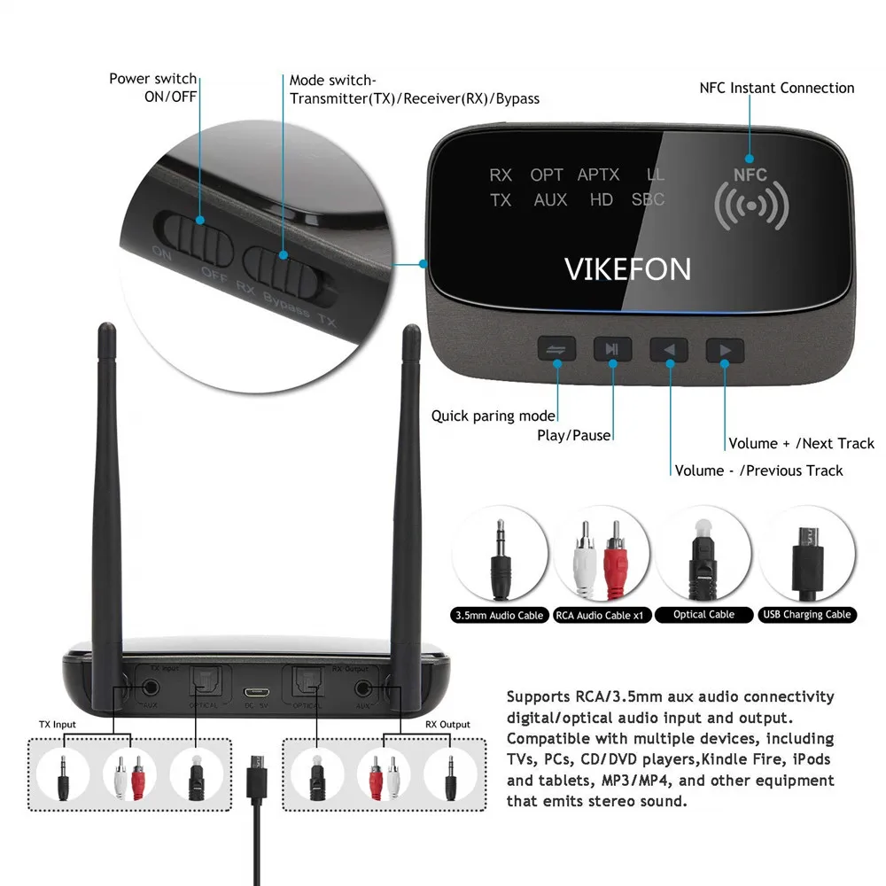 80 м Long Range Bluetooth 5,0 аудио передатчик приемник адаптер для ТВ низкой задержкой aptX HD SPDIF RCA AUX 3,5 мм с NFC, обход