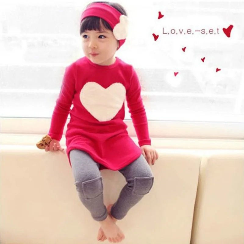

Girls spring autumn fashion 3 pieces sets kids korae design heart pattern suits red pink