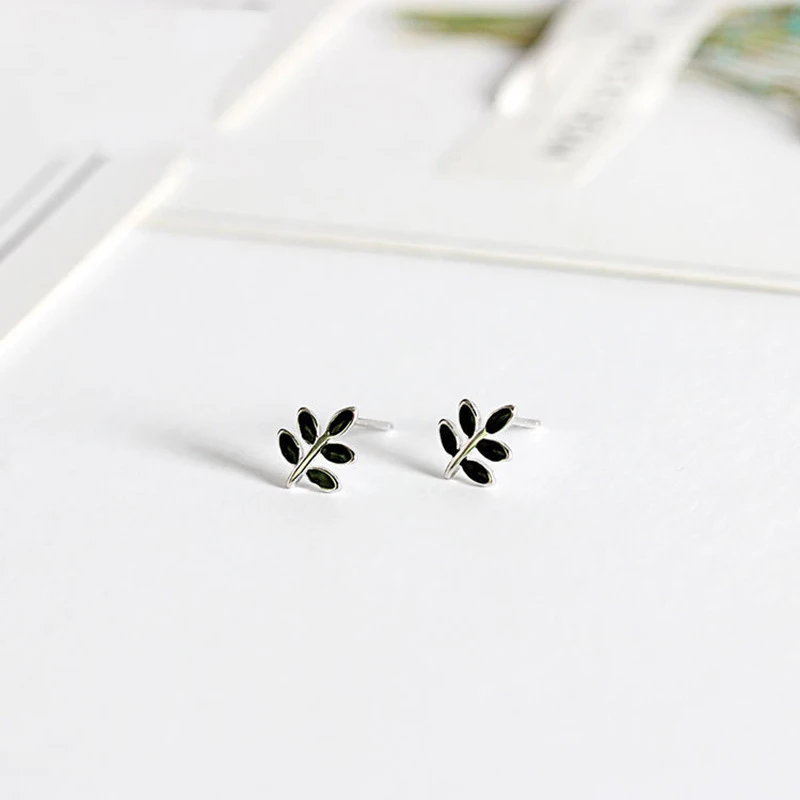 

925 Sterling Silver Black Glazed Tree Leaf Bud Stud Earrings For Women Girls Cute Artistic All-Match Olive Branch Female Jewelry