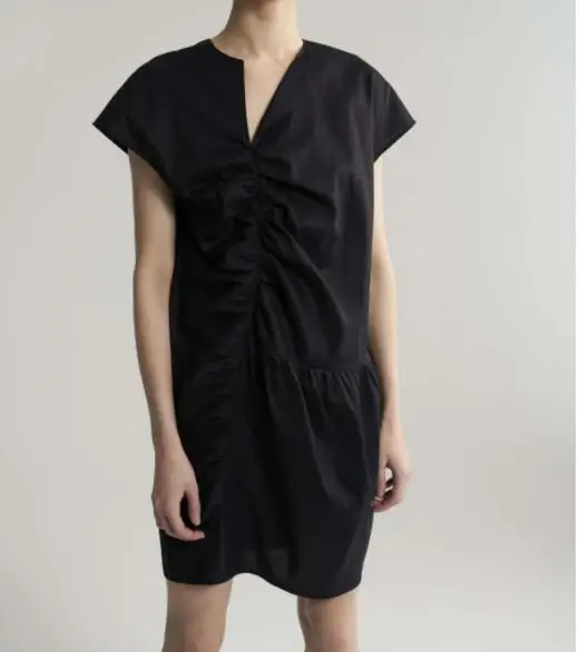 

WISHBOP Priverno dress black lyocell cotton asymmetric mini dress v-neck gatherings Creased Front Fashion WOMAN
