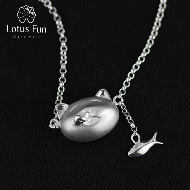

Lotus Fun Real 925 Sterling Silver Handmade Designer Fine Jewelry Greedy Cat and Fish Necklace with Pendant for Women Collier