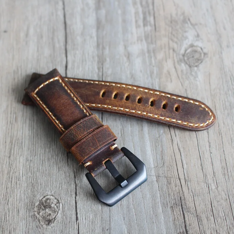 

TJP Top Quality 24mm 26mm Brown Vintage Italy Calf Leather Watch Strap Watchband Replace PAM PAM111 PAM441/Panerai Bracelet
