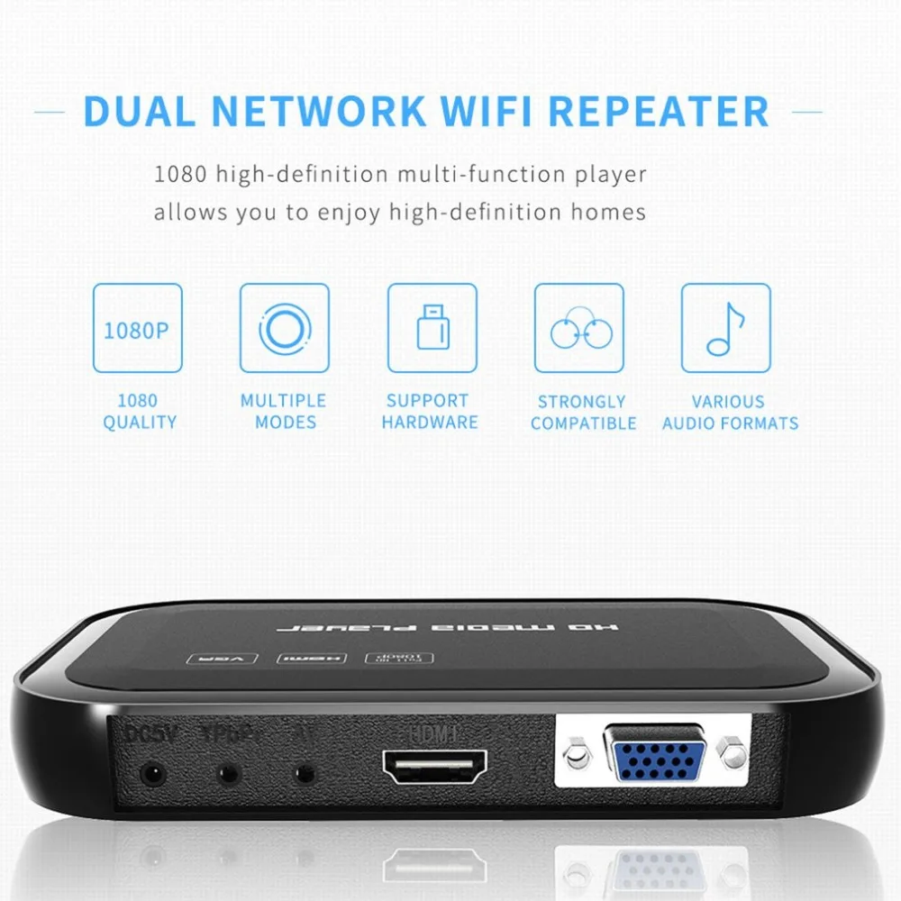 

Full HD 1080P Multi-function 3D Media Player With 01 Remote Control HDMI VGA Multiple Modes HD Media Center Wi-Fi Repeater