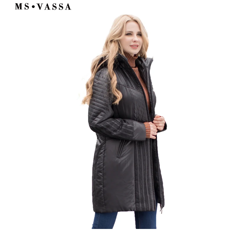 MS VASSA Women Trench coats Autumn Winter Ladies Fashion coat detachable hood with fake fur plus size 4XL 6XL lace decoration