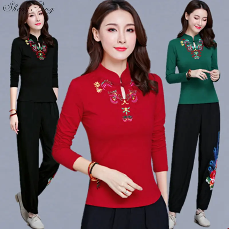 

Cheongsam Top Traditional Chinese Clothes For Women Long Sleeve Plus Size 5XL Shirt Cotton Vintage Clothing Top Tee Blouse V1134