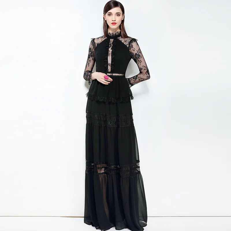

High Quality Designer Fashionable Summer Runway Maxi Dress Women long-sleeved lace Patchwork Ruffles elegant party long dress