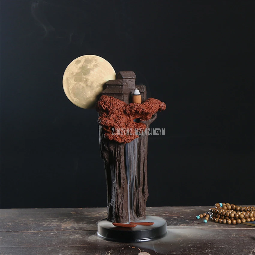 

Home Office Decorative Aromatherapy Smoke Holder Censer Ceramic Burner Moon Mountain Backflow Incense Burner+40pcs Incense Corns