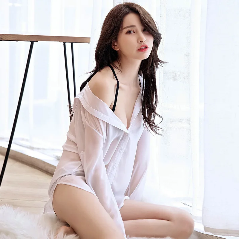 

Sexy Women Blouses Transparent Turn Down Collar Long Sleeve Sheer Perspective Blouse Shirt