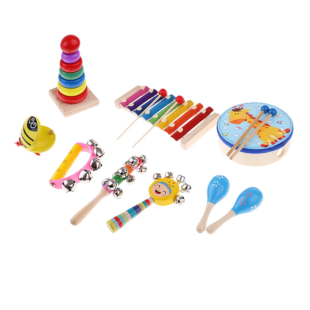 9Pcs Orff World Educational Wooden Musical Instrument Percussion Drums Bell Children's Toys Gift Stimulate baby's sensory 