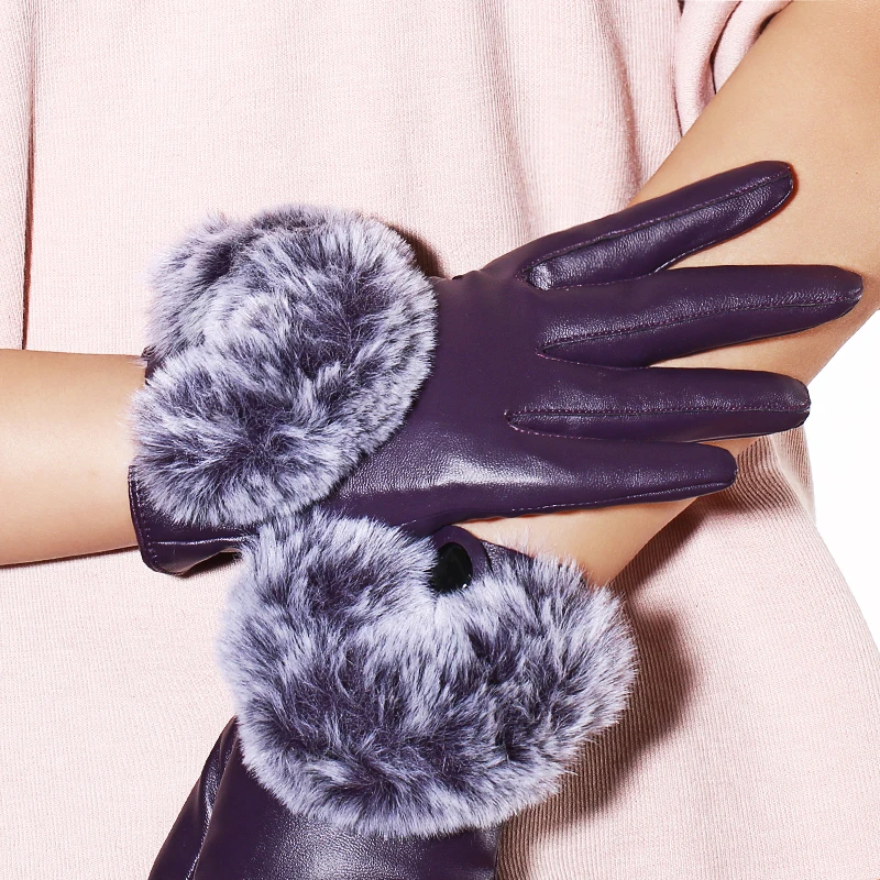 Women Purple Faux Leather Gloves For Winter Warm Soft Lined Vent Gloves
