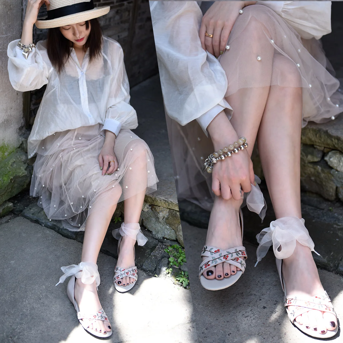 

Artmu Original Chinese Style Fairy Sandal Flower Genuine Leather Women Sandal Ribbon Handmade Bohemia Sandals 666-2