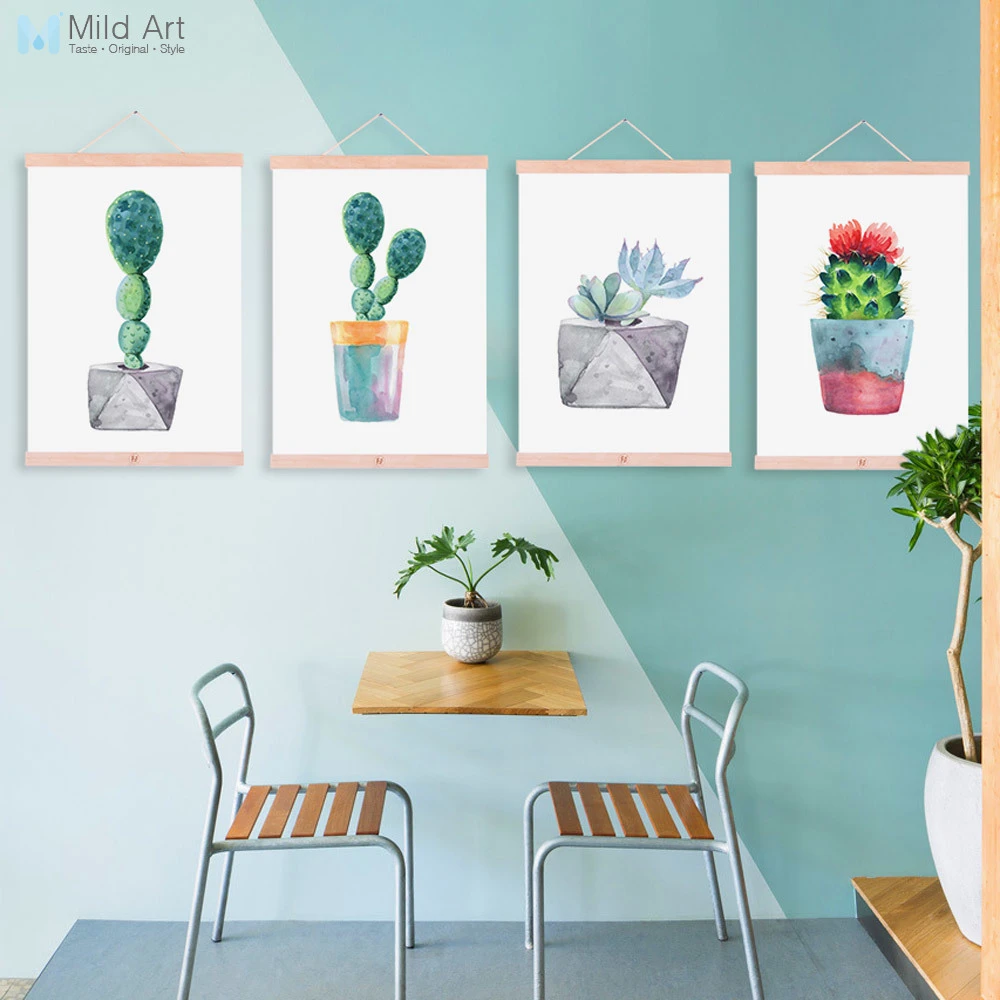 Cat Air Hijau Tanaman Kaktus Succulent Kaktus Kayu Bingkai Poster Nordic Dinding Art Lukisan Dekorasi Rumah Gambar Scroll|Wall Art|Prints Picturescanvas Painting - Aliexpress