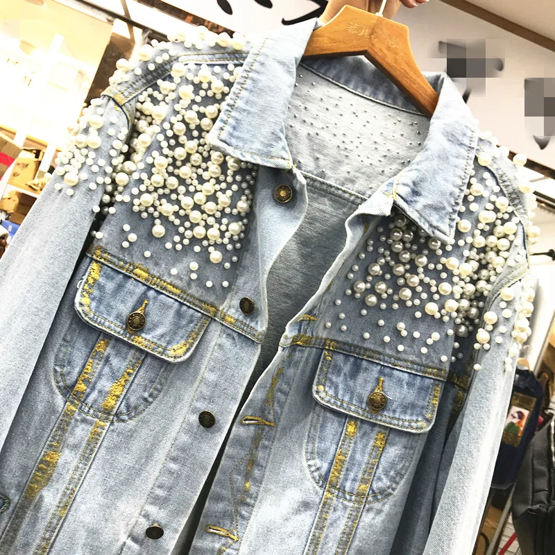 Automne Jean Perle Femelle En Denim Lourd Manteau Printemps Tenues Rue Haute Lâche Femmes Lavage Nouvelles Blousons De Bleu Cowboy Étudiants ZnvZX7p
