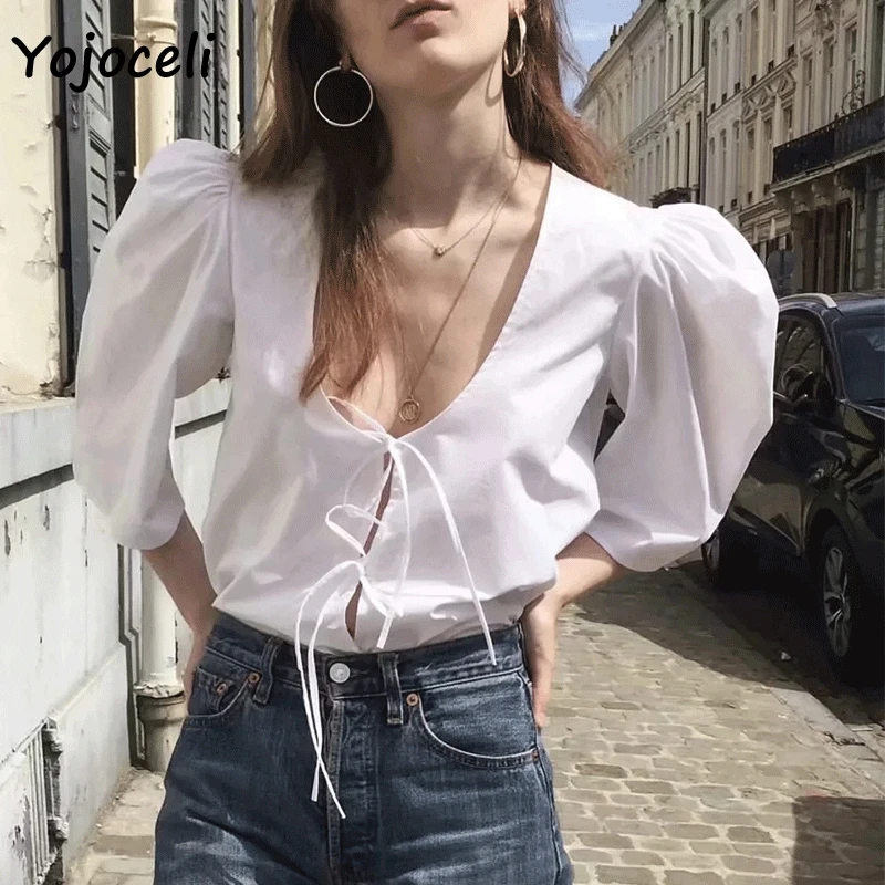 Yojoceli романтический французский стиль сексуальные белые женские блузки рубашки с