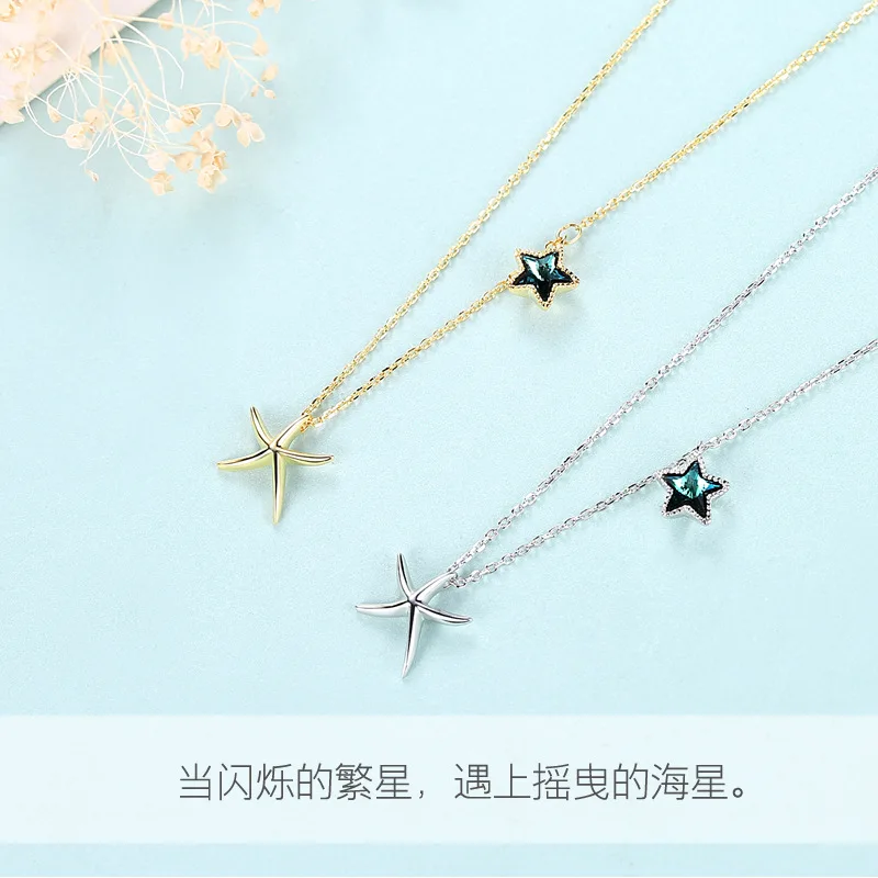 starfish blue crystal star necklace woman 100% 925 Sterling silver nacklace Jewellery Clavicle chain pendant charms gift chocker