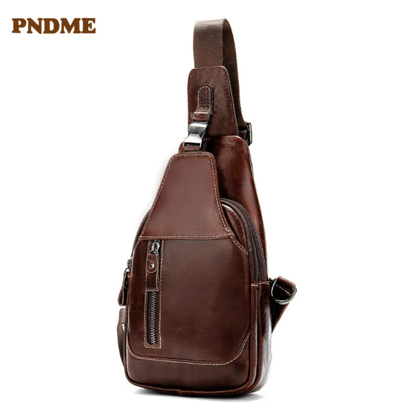 

PNDME retro genuine leather men's multi-function chest bag casual first layer cowhide daily light brown shoulder crossbody bag