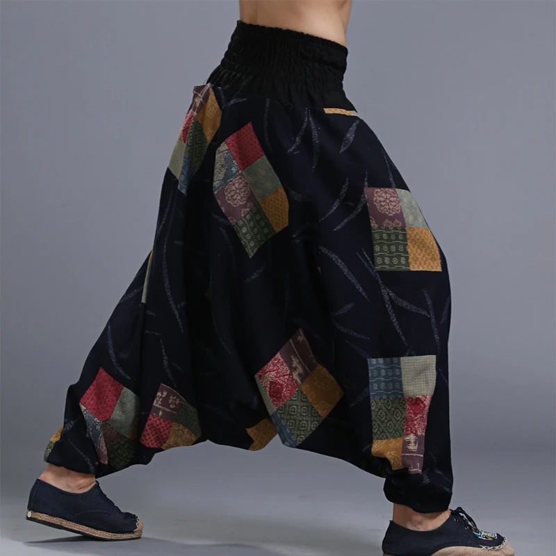 Для мужчин хлопок большие промежности Crago брюки эластичный пояс Aladdin шаровары широкие брюки ниндзя брюки Повседневное Непала мужской