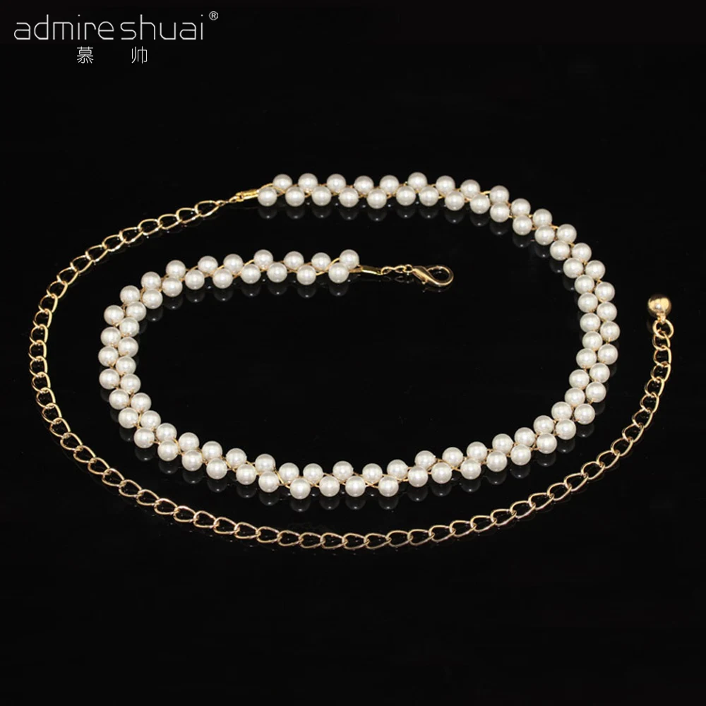 Women's Fashion Brand Double Pearl Belt Chain Metal Chain Belt Cintos