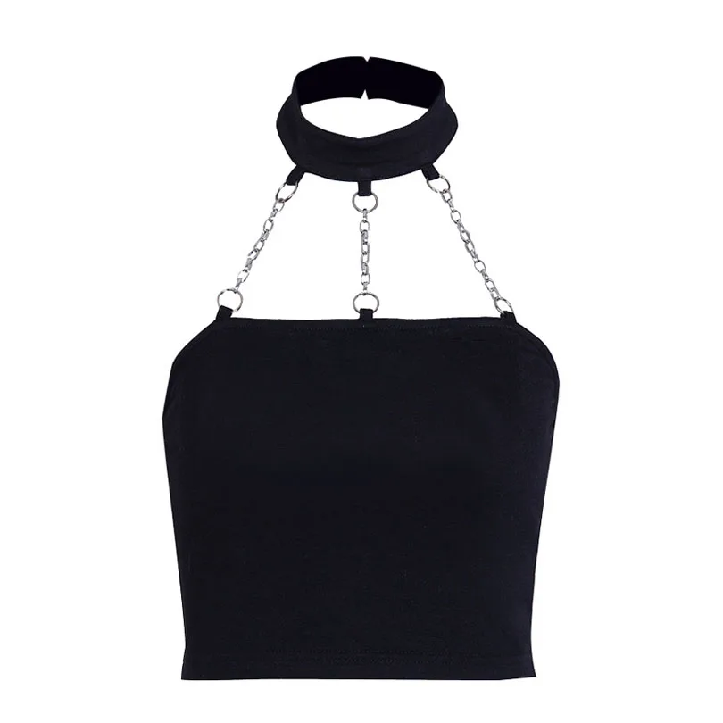 

2019 New Metal Chain Link Halter Tank Tops Women Girls Backless Gothic Tanks Black Fashion Punk Sexy Cropped Short Top