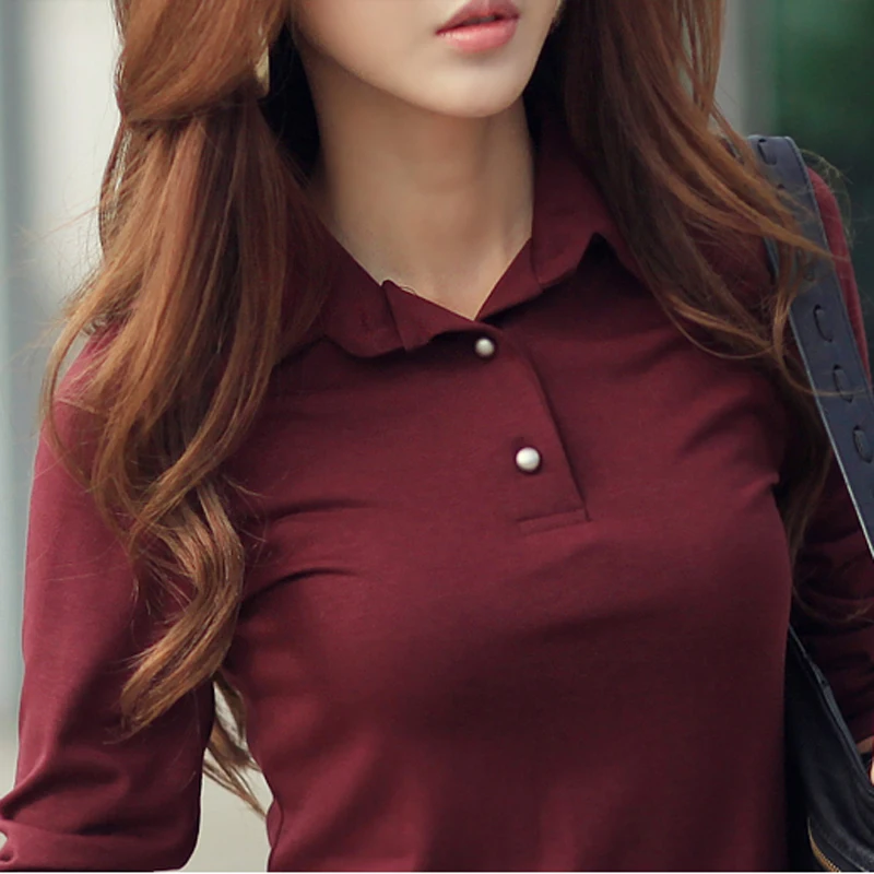 Nueva llegada de Corea mujeres algodón camiseta vuelta-abajo de manga larga camisa básica delgada camiseta Tops Camisetas Mujer Nueva llegada de Corea mujeres algodón camiseta vuelta-abajo de manga larga camisa básica delgada camiseta Tops Camisetas Mujer