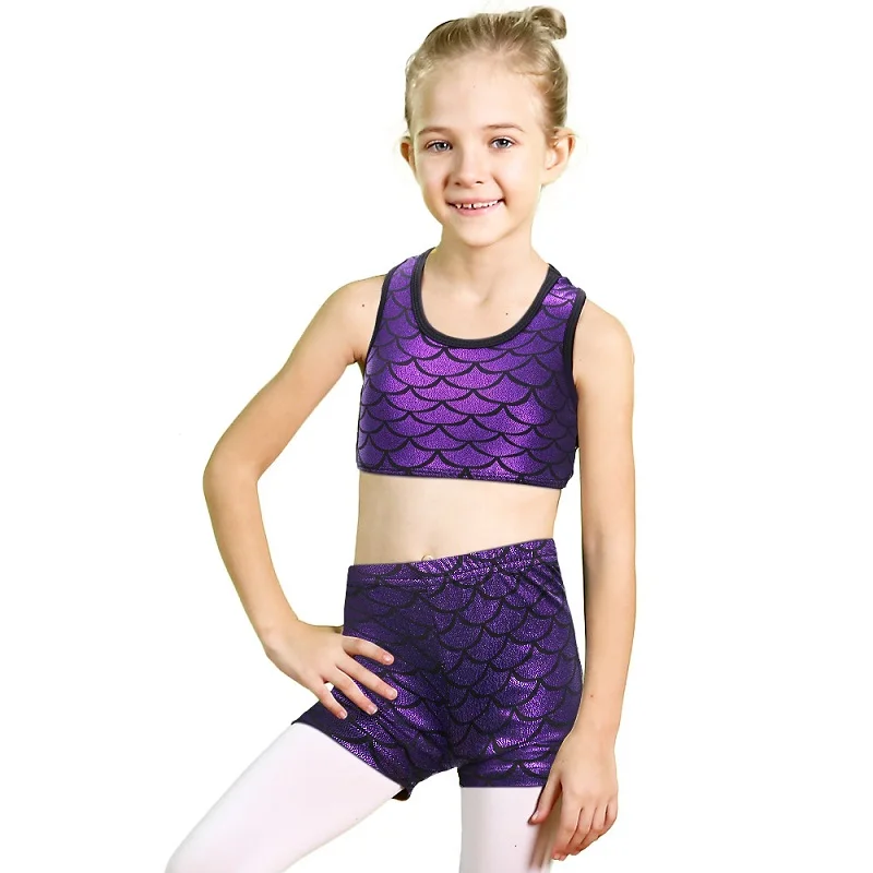 BAOHULU/Блестящая черная танцевальная одежда для балета для девочек детский гимнастический купальник топ+ штаны костюм русалки для косплея - Цвет: Фиолетовый