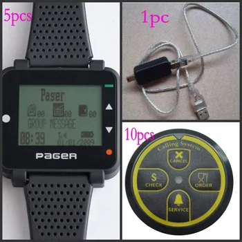 

Free shipping! Pocsag watch paging system, 5pcs text message watch pager+10pcs call button+1pcs ID programmer cable, wireless
