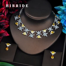 HIBRIDE Luxury Design Yellow Cubic Zircon Pendientes Mujer Jewelry Sets Women Bridal Dress Accessories Bijoux Mariage Gift N-520