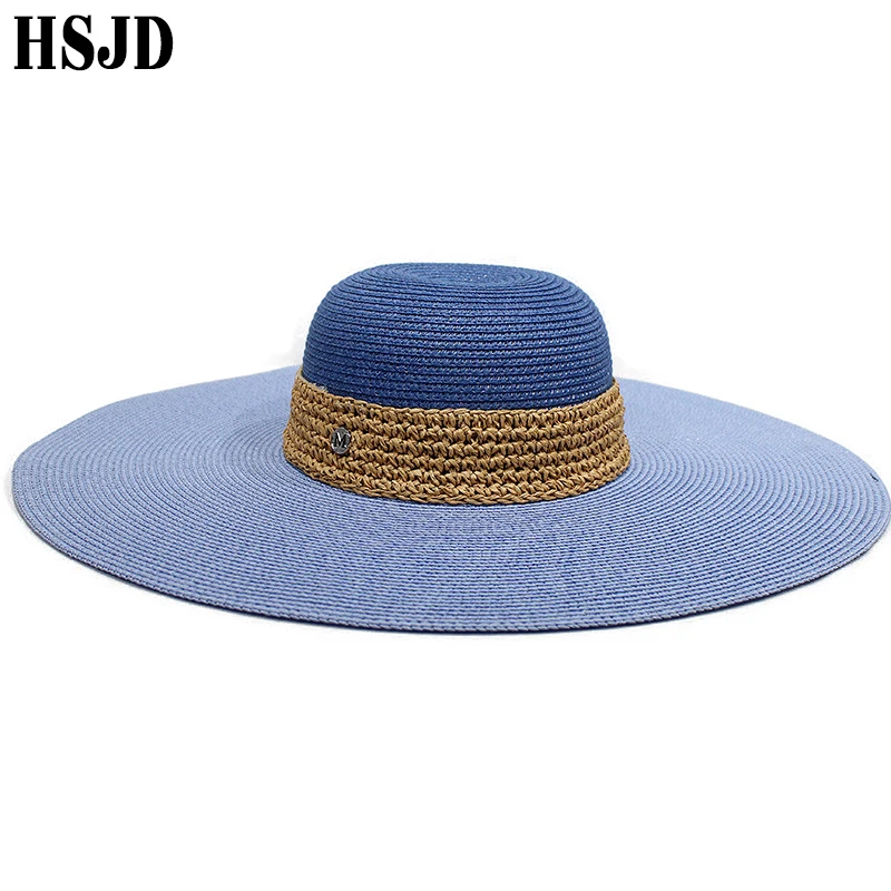 

Two-color Patchwork Summer Straw hat Women Large Wide Brim Foldable Anti-UV Beach Raffia Floppy Sun Hats Panama bone chapeu