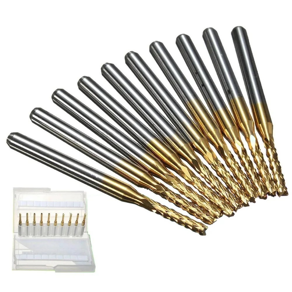 

10PCS 2mm Titanium Coated Carbide End Mill Milling Cutter CNC Router Bits Drill Bit Set For Machine 1/8" Shank