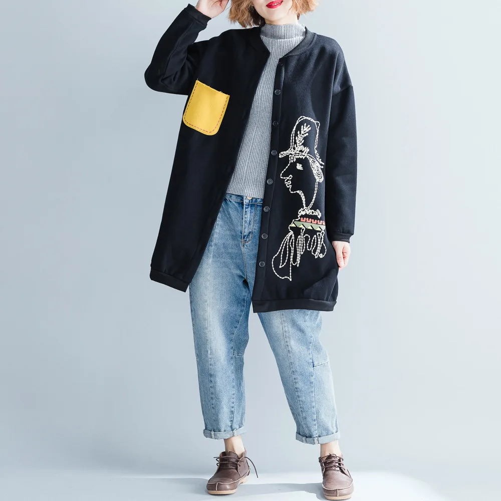 lower price  2019 plus size women fleece jacket coat cartoon print pocket patchwork V neck female casual long ov